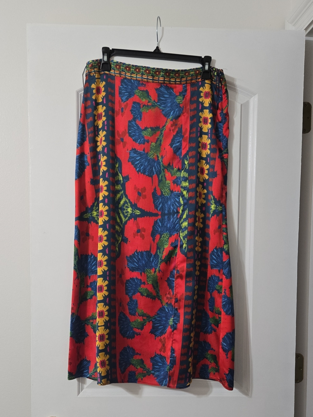 Medium Red Floral Maxi Skirt with Blue and Yellow Print